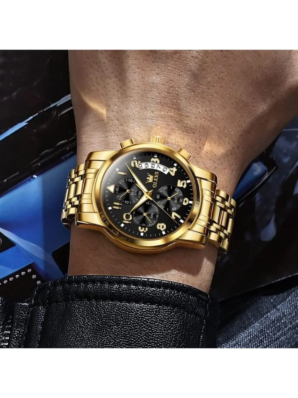 Men's Black Face/Gold Band Stainless Steel Chronograph Waterproof Dress Watch